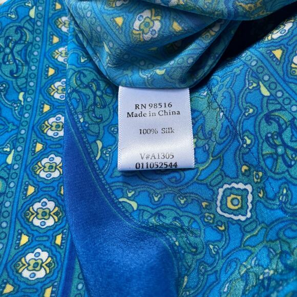 Coldwater Creek Silk Caftan Top Sz S/M Blue Floral Boho Colorblock Resortwear - Picture 11 of 12
